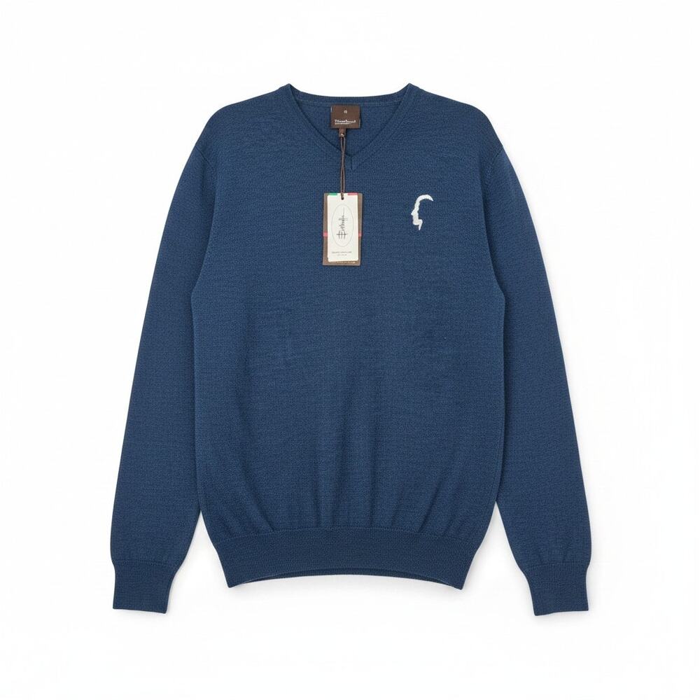 NEW Oscar Jacobson M Heather Blue Merino Wool Wyatt V Neck Sweater Logo
